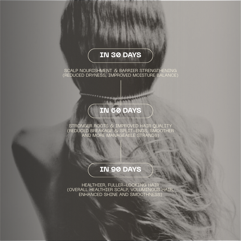 Back view of a person with long hair, showing text about hair health improvements over 30, 60, and 90 days.

Pre-wash treatment